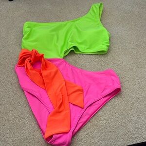 Pink Lily Neon Green and Pink One-Shoulder Swimsuit